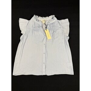 Rachel Zoe Womens Light Blue Ruffle Neck Flutter Sleeve Button Down Blouse Small